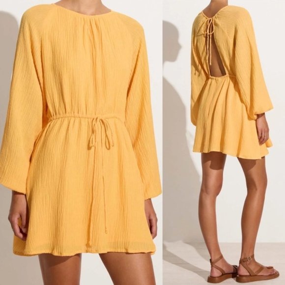 Faithfull the Brand Constance Linen Gauze Minidress Saffron orange Yellow Large - Picture 1 of 10